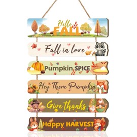KAIRNE Hello Fall Door Decor,Happy Harvest Door Hanging,Thanksgiving Autumn Wall Plaque,Pumpkin Wall Hanging Sign,Animals Autumn Decor,Fall Rustic Turkey Wooden Sign for Porch Room Yard Home Farmhouse
