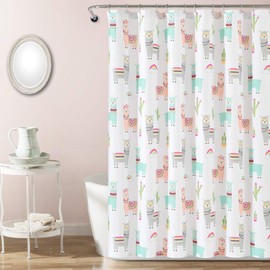 Lush Decor Southwest Llama Cactus Shower Curtain, White & Blush - Cute Colorful Boho Kids Bathroom
