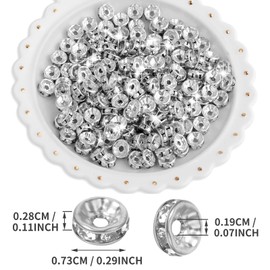 200 Pcs 8mm Sparkling Crystal Spacer Beads, Silver Plated Rondelle Beads Crystal Rhinestone Spacer Beads Flat Round Loose Beads for Jewelry Bracelets Making Decorations