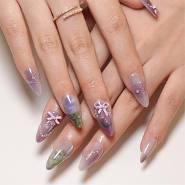 Buy 10 Get 10 Free! [Machine-Made] 24pcs Press-On Nails with Rhinestones & Flowers – French Style Glue-On Nails for Women & Girls Full Cover Shiny Glitter Long Lasting Quality:_M-AL-PU-001