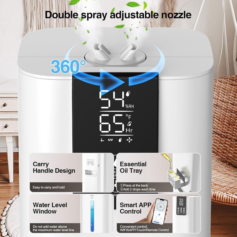 8L/2.1 Gal Smart Humidifier Large Room, Top Fill Cool Mist
