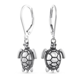Honeymoon Vacation Nautical Hawaiian Sea Tortoise Beach Turtle Dangle Earrings For Women Teen Oxidized .925 Sterling Silver