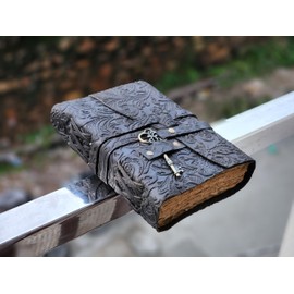Embossed Leather Journal with Antique Key Vintage Pages Handmade Journal Leather Sketchbook Notepad Leather Travel Journal Book of Shadows Leather grimoire (Black, 10x7 inch)