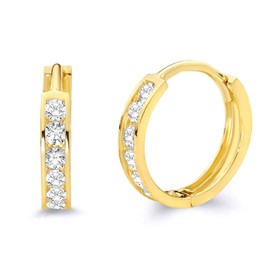 14k REAL Yellow Gold 2mm Thickness CZ Channel Set Hoop Huggie Earrings (11 x 11 mm)