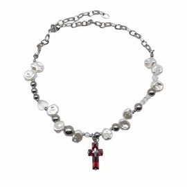 BSLVWG Cross Necklace for Women Men, Pearl Chain Cross Pendant Necklace Cross Chain Necklaces Hip Pop Jewellery Easter Gifts for Birthday Christmas Thanksgiving Day