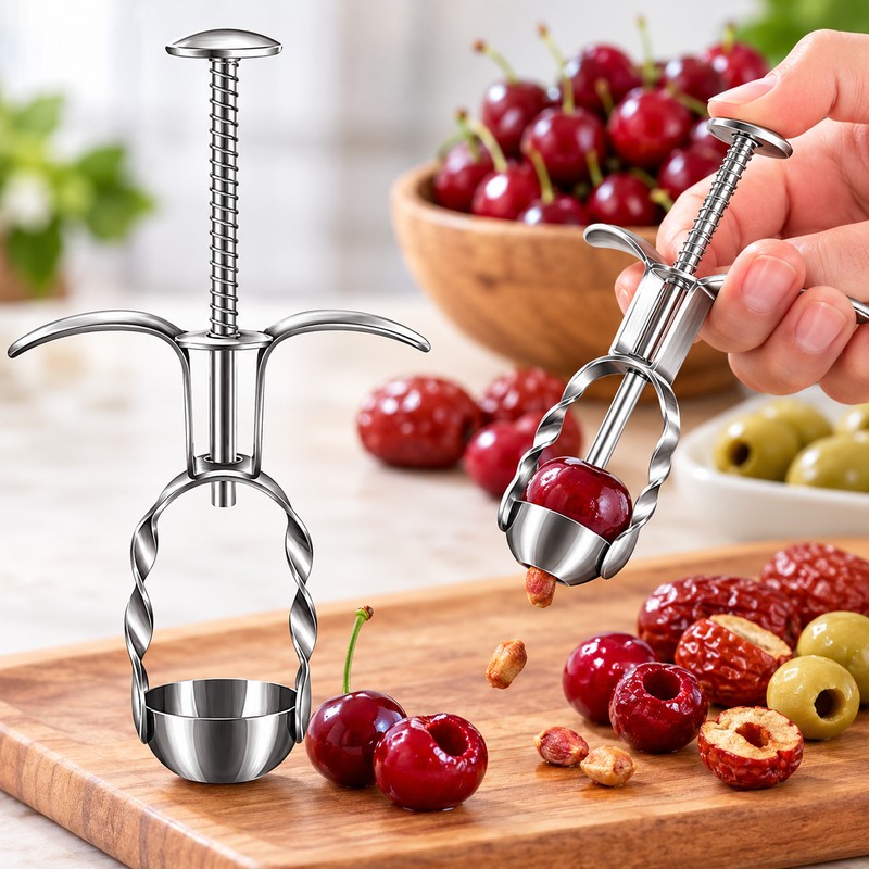 Stainless Steel Fruit Pitter for Cherries & Jujubes – Spring-Loaded