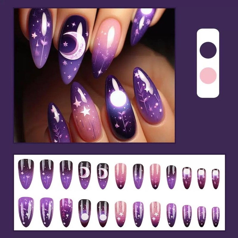 Press on Nails Medium Almond Fake Nails Purple False Nails