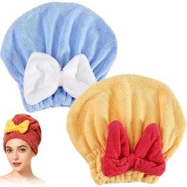 Genérico 2 Gorros de Microfibra para Secar El Cabello,Toalla Absorbente para El Cabello de Navidad para Relleno de Bolsas de Regalos de Fiesta. (Azul + Amarillo)