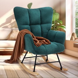 Simple Deluxe Nursery Rocking Chairs, Teddy Upholstered Glider Recliner Rocking Chair with High Backrest Armchair, Comfy Reading Chair Small Accent Side Chair for Nursing, Living Room, Bedroom, Green