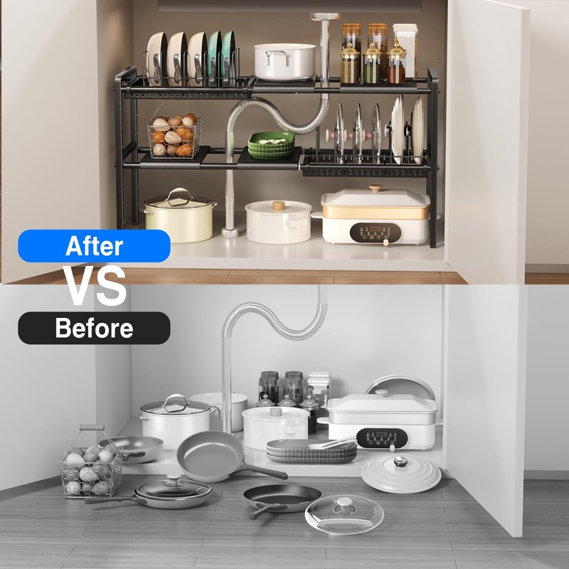 Mustorn Pots and Pans Organizer Under Cabinet, Expandable 2 Tier