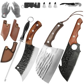 FULLHI Butcher Knife Set with Kitchen Shears, Hand Forged Chef Boning Knife With Scissors High Carbon Steel Carving Fish Chef Knife For Kitchen, Camping, BBQ