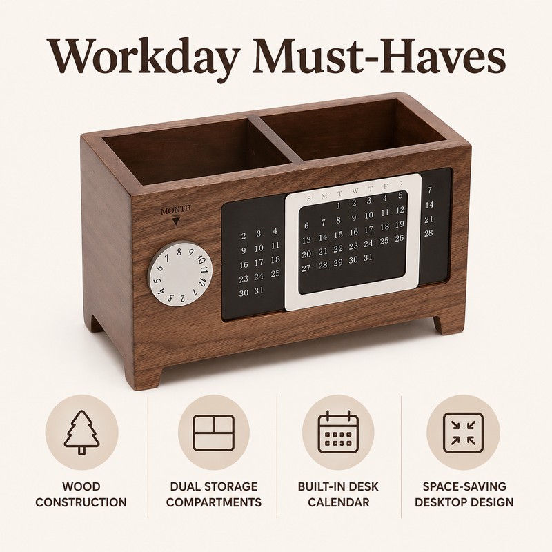 Wooden Desk Organizer with Calendar for Pens & Remotes -