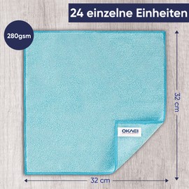 Okaei Microfibre Cloths Pack of 24, Cleaning Cloths, Tea Towels, Microfibre Cloths, Cleaning Cloths, Window Cloths, Multi-Purpose Cloths, Very Absorbent, 32 x 32 cm, Weight: 280 g/m²