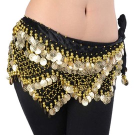 REINDEAR Women's Multi-Row Bellydance Hip Scarf With Gold Coins Skirts Wrap (Black)