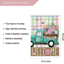 Welcome Spring Garden Flag 12.5 x 18 Inch Truck with Floral Decorative Double Sided Burlap Flag For Seasonal Farmhouse Yard Outdoor Decor