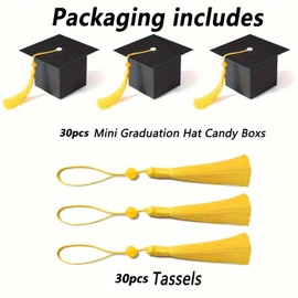30 Pack Graduation Favor Boxes – Black Doctoral Cap Shaped Candy Boxes with Yellow Tassels for 2025 Graduation Party, Ceremony Treat Gift Decorations