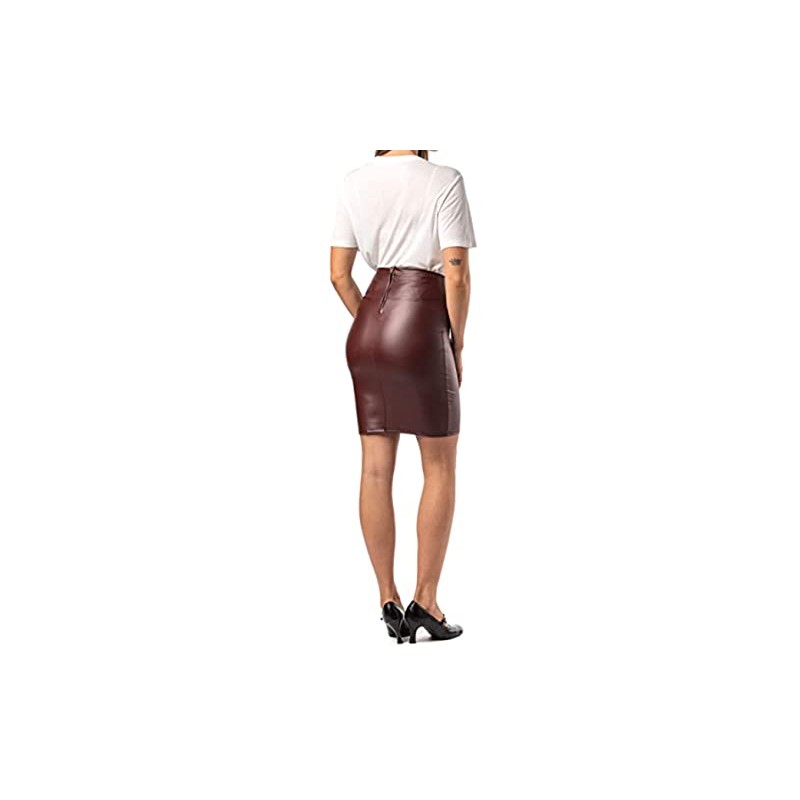 Women's Knee-Length Leather Look Skirt, Wet Look Stretch Skirt -