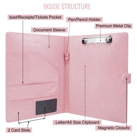 GraduatePro A4 Clipboard Folder with Storage Leather Waterproof Magnetic Conference Presenter Document Business Organizer Sleeves Pink