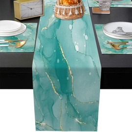 Emvency Mint Green Gold MarbleTable Runner and Placemats Set of 6,Teal Turquoise Abstract Art Dining Decor for Daily Use(1 Table Runner 72 inches Long and 6 Placemats)