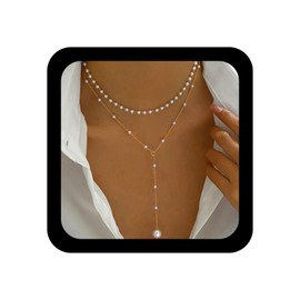 Xmsrn Vintage Pearl Y Lariat Necklace Boho Pearl Drop Y Necklace Layered Pearl Choker Necklace Wedding Pearl Pendant Necklace Long Pearl Chain Necklace for Women, Zinc, No Gemstone