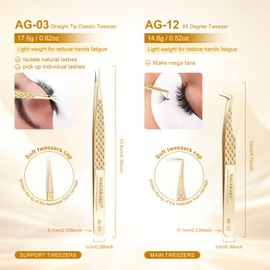 NAGARAKU Fibre Tip Eyelash Tweezers Set 1 Pair Professional Precision Tweezers Stainless Steel Non-Slip Separating Tweezers Straight Tip & Mega Volume Fan Long Tip Lash Tweezer (AG-03&AG-11)