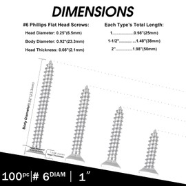 White Head 100 PCS #6X1 Stainless Steel Phillips Flat Head Wood Screws,Stainless Steel 18-8 A2(304) Screw,Home Screw Kit by QISHENG