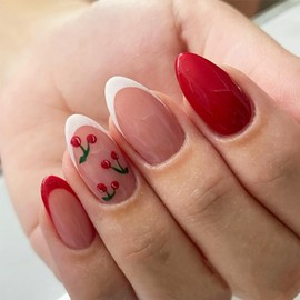 Short Almond Fake Nails 24Pcs Red Pink & White French Tip Glue on Nails - Cherry Design Press on Nails Acrylic Full Cover Reusable Artificial Stick on Nails Cute False Nails for Women‌ Girls