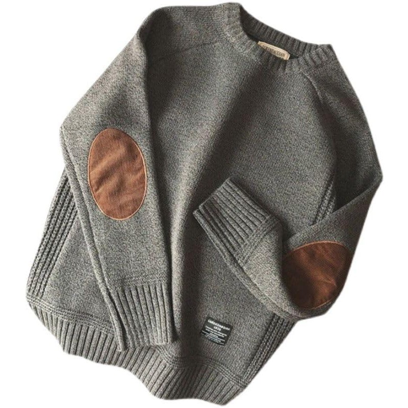 Aspersio Men's Elbow Patch, Loose Knit, Round Neck, Sweater, Long