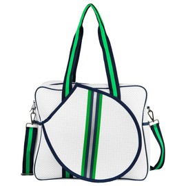 Queen of the Court Tennis Bag, Tennis bag for women, tennis tote (White/green/navy/silver)