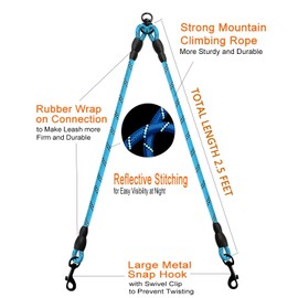 DDSCOLOUR Double Dog Leash Coupler, No Tangle 360° Swivel Reflective Double Lead Dual Two Dog Lead Splitter, fo Fits Small Medium Large Dogs,30 inch（Diameter:0.8-1.2cm),Blue