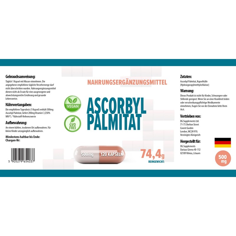 Ascorbyl Palmitate 500mg 120 Vegan Capsules, 3rd Party Lab Tested,
