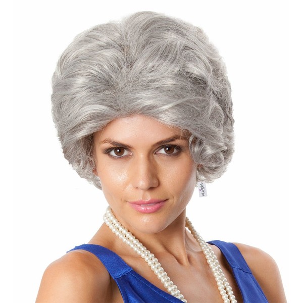 ALLAURA Old Lady Grandma Wig Grey Granny Costume Gray Wigs Queens Wig Fits Kids Adults Women Girls Wigs