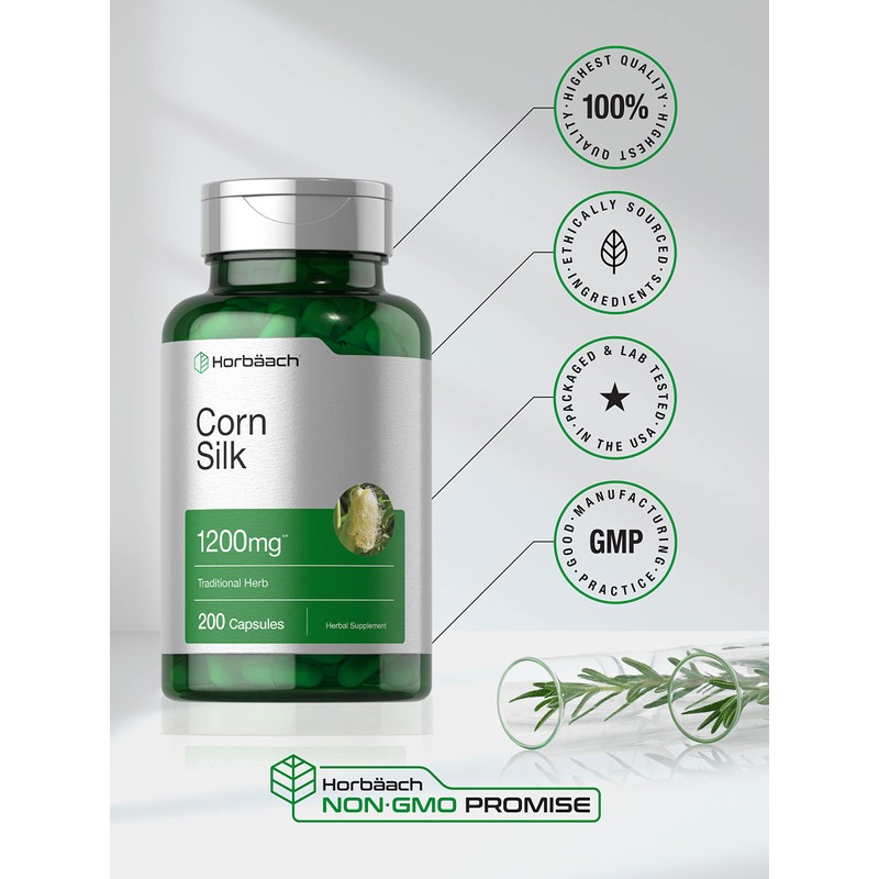 Horbäach Corn Silk Capsules 1200mg | 200 Count | Non-GMO,