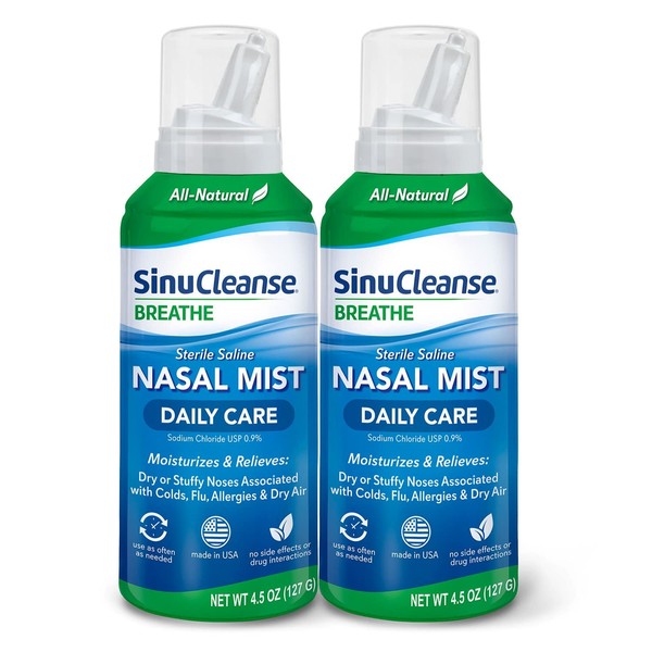 SinuCleanse Daily Care Sterile Saline Nasal Mist, Instantly Moisturizes and Relieves Everyday Nasal Congestion & Sinus Symptoms Associated with Colds, Allergies and Dry Air, 4.5 oz Bottle (Pack of 2)