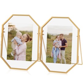 Jajamy 5x7 Gold Floating Picture Frame, Octagon Tempered Glass Floating Frames for 3.5 x 5, 4 x 6 Photo, Tabletop Picture Frame for Office and Home Decor