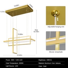 FDPBY Modern LED Chandelier 3 Rings Rectangle Gold Pendant Light Dimmable for Living Room Dining Room Bedroom Kitchen Island