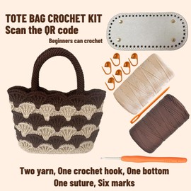 SHENJILL Tote Bag Crochet Kit for Beginners Two Color Crochet Kit with Step-by-Step Videos and Written Instruction Fan-Shaped Bag Crocheting Kit for Adults Easy Crocheting Yarn (White Coffee)