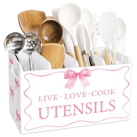 JarThenaAMCS Pink Bow Wooden Utensil Holder 4 Compartment Large Watercolor Bow Cooking Utensil Organizer for Home Kitchen Countertop Storage Container