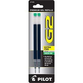 Refills for G2 Gel, Dr. Grip Gel, ExecuGel Roller, Extra Fine, Green Ink, 2/PK