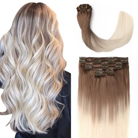 Sindra Clip-In Real Hair Extensions 35 cm 100 g 6 Pieces Clip-In Extensions Real Hair Ombre Ash Brown to Platinum Blonde Hair Extensions Real Hair Clip in Natural Straight #8T60 14 Inches