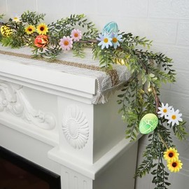 DR.DUDU Decoración de guirnalda de Pascua, guirnalda iluminada LED de 6.5 pies con huevos y flores de Pascua, decoración floral de primavera para chimenea, manto, mesa y decoración del hogar interior