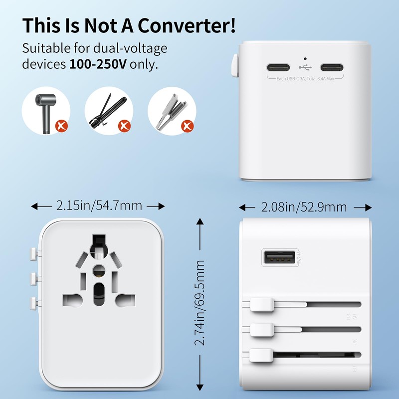 Travel Adapter Worldwide, Universal Travel Plug with 2 USB A
