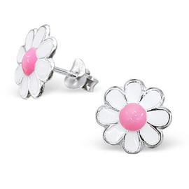 Pink and White Daisy Flower Earrings - 925 Sterling Silver