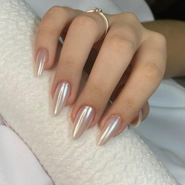 Chrome White False Nails Almond, SXVME Chrome Press On Nails Medium, Glazed Gel Fake Nails Press on, Glitter Shine Glue on Nails Medium Cute, Acrylic Stick on Nails for Women Daily & Party Wear