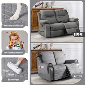 TAOCOCO 100% Waterproof Recliner Cover, Non-Slip Washable Reclining Couch Cover with Elastic Leg Straps, Furniture Protector for Dogs (Light Gray, 2 Seater)