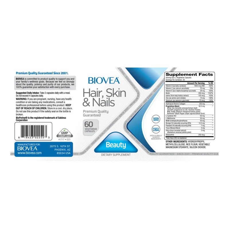 Biovea Hair Skin & Nails 60 Cápsulas Vegetarianas Biotina Proporciona