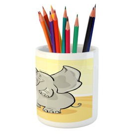 Ambesonne Animal Pencil Pen Holder, Funny Bathing Mouse Trunk in the Desert Cartoon Animal Print, Ceramic Pencil Holder for Desk Office Accessory, 3.6" X 3.2", Grey Yellow Cream