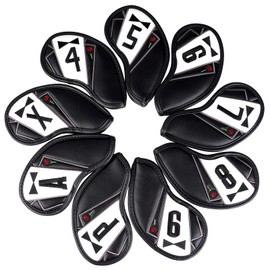 Golf Iron Covers Magnetic Wedge Covers Club Head Covers Set of 9 (4-9, P, A, X) Black & White Synthetic Leather The Golf Father