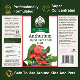 Farmer's Secret Anthurium Liquid Plant Food Fertilizer (8oz) - Super Concentrated - Promotes Growth and Flowering - 4:15:12 Ratio