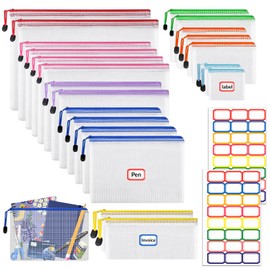 VEUWOLM Pack of 21 Transparent Zip Pockets, Zip Document Bags, Waterproof Mesh Bag, Zipper Bag for File Organising, Stationery Storage (Colourful, 8 Sizes)